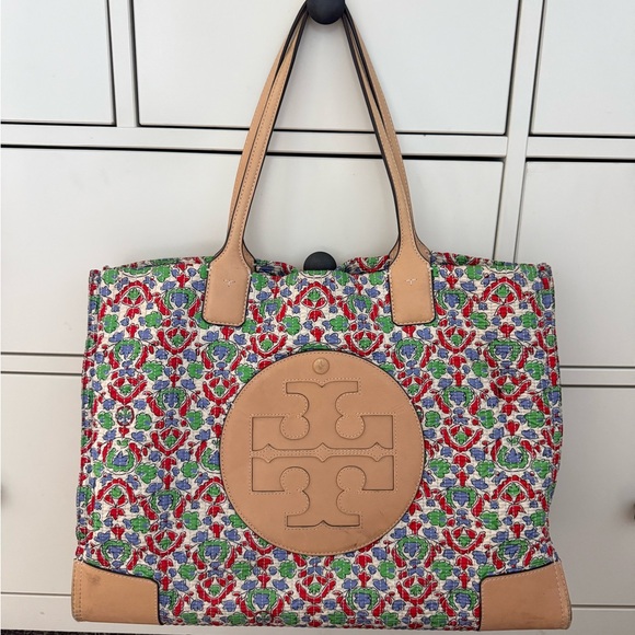 Tory Burch Handbags - Tory Burch Multicolor Floral Canvas Tote with Tan Leather Logo